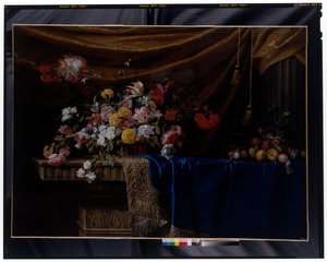 A Still Life of a Basket of Flowers and a Mound of Fruit on a Sculpted Stone Table by Jean Picart