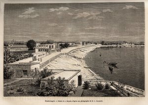 Chandernagor (present-day Chandannagar, in West Bengal), on the banks of the Ganges, engraving after the drawing by J. Moynet, illustrating the journey in India of the Rajahs, in 1864-1868, by Louis Rousselet, published in “Le tour du monde” 1874, edited b by Jean Pierre Moynet