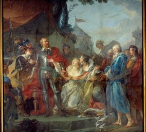 The Siege of Calais in 1347. The devotion of Eustache of Saint Peter, the best known of the six burghers of Calais, who went to the king of England Edward III, to plead for the grace of the inhabitants of Calais (August 1347). Painting by Jean Simon