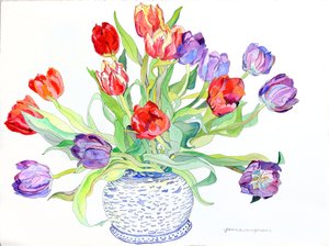 Tulips in Bowl With Painted Fish & Bird Design, 2006