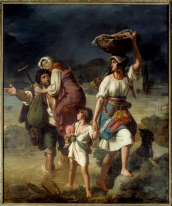 A Family of Contadini Surprised by a Speedy Overflow of the Tiber Escapes Through the Waters, Called Peasants of the Roman Countryside Fleeing a Flood