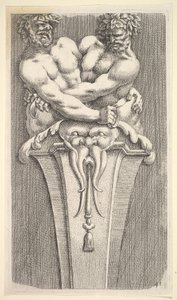 Design for a Term with Two Bacchic Figures, from: Curieuses recherches de plusieurs beaus ..., 1645 by Jean le Pautre