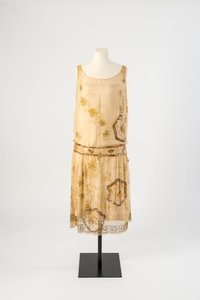 Yellow silk chiffon evening dress embroidered with yellow floss silk, sequins, bugle beads and yellow brilliants