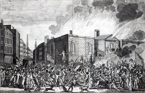 An Exact Representation of the Burning, Plundering and Destruction of Newgate by the Rioters on the Memorable 7th June 1780, engraved by Henry Roberts, 1781