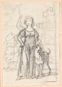 Composition Draft for a Portrait of a Young Girl with Right Hand on Hip and Left Arm Around Her Dog
