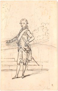 Composition Draft for Full-Length Portrait of Frederik the Sixth as Young Crown Prince. Standing Face Forward with Right Hand on Hip and Left Hand Resting on a Table by Jens Juel