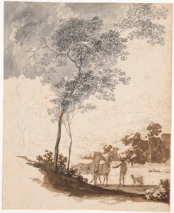 Swiss Landscape with a Rider Holding Two Horses and a Couple of Dogs; Study for the Portrait of Jean-Armand Tronchin by Jens Juel