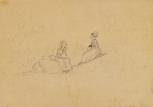 Three Ladies with Muffs on a Slope Outdoors, Behind Them a Fourth Figure with a Child in Arms by Jens Juel