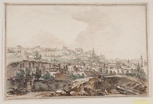 Cityscape with houses and wall by river; in the background churches and palaces