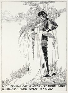 And her hair went over my robe like a golden flag over a sail - a young couple embracing by Jessie Marion King