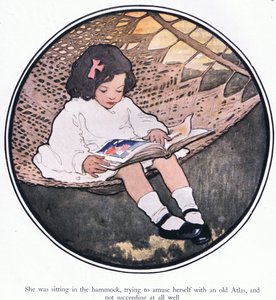 She was sitting in the hammock, trying to amuse herself with an old atlas and not succeeding at all well