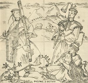 Slovak fuyara, bagpipes and pipe. Sketch for sgraffito work on the bridge in Pietany, by State Pr by Joža Uprka