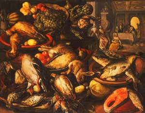 Game, Fish, Fruit and Vegetables in Baskets and Bowls in a Larder by Joachim Beuckelaer