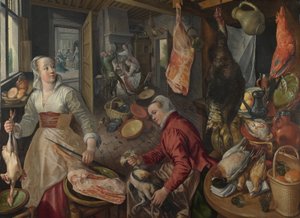 The Four Elements: Fire. A Kitchen Scene with Christ in the House of Martha and Mary in the Background
