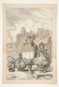 Four Vases, A Broken Vase, A Broken Candlestick, and A Herm in a Landscape with Classical Ruins