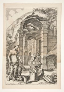 Woman in Antique Dress with Urns, Stands, and Ruins by Joachim von Sandrart