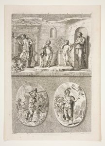 Top Half: Four Antique Statues, Bottom Half: Forge of Vulcan and A Victorious Roman General by Joachim von Sandrart