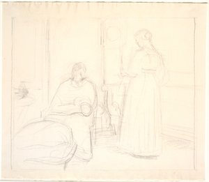 Interior with Clock and Sitting and Standing Woman by Joakim Frederik Skovgaard