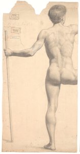 Standing Male Model, Seen from the Back, Staff in Left Hand, Right Arm and Leg Cut Off