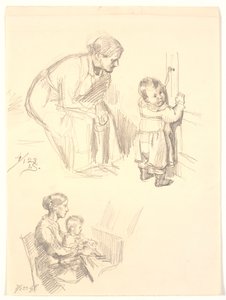 Two Figure Studies. Above a Seated Woman Observing a Child at a Door; Below a Woman with a Child at the Piano by Joakim Frederik Skovgaard