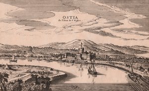 Perspective View of Ostia City and Port, Lazio, Italy, copper engraving by Joan Blaeu