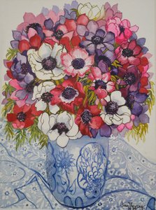 Anemones in a Blue and White Pot with Blue and White Textile