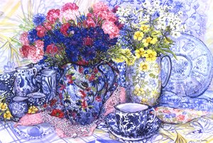Cornflowers with Antique Jugs and Patterned Fabrics, 2012