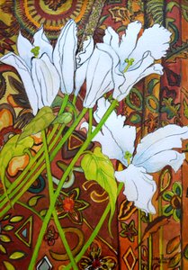 Lilies Against a Patterned Fabric