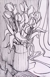 Tulips Against a Striped Cloth by Joan Thewsey