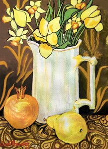 Tulips and Daffodils in a White Jug, with Textiles, Pomegranate and Pear by Joan Thewsey