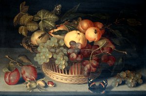Basket of Fruit and Admiral Butterfly on Stone Table
