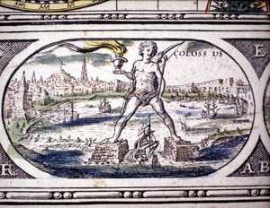 Representation of the Seven Wonders of Antiquity: the Colossus of Rhodes. Atlas of Jansson Jannsonius, 1630 by Joannes Jansson