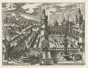 Castle with maze and fountain by Joannes van Doetechum (I) (attributed to)