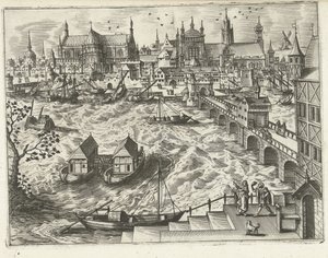 Cityscape with Bridge and Harbor by Joannes van Doetechum (I) (attributed to)
