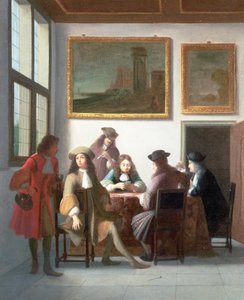 An Elegant Interior With Men Playing at Cards by Job Berckheyde