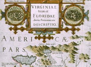 Title cartouche and insets, detail of the map of North Carolina titled Virginiae item et Floridae, from the Mercator Atlas... of 1606, pub. by Jodocus Hondius