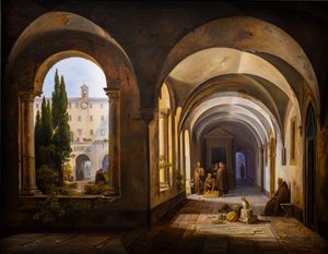 Franciscan monks in the cloister of Santa Maria d