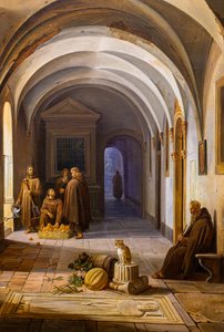 Franciscan monks in the cloister of Santa Maria d