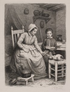 The Cat Gets Dinner from a Poor Woman. Domestic Scene by Joel Ballin