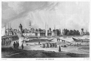 Historical View of Spandau near Berlin. Steel Engraving. View from Stresow to the Old Town of Spandau. In the Foreground the Shipyard on Stresow, on the Left the Stresow Bridge (later Charlotten Bridge)