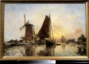 Dutch Landscape, Boats Near the Mill by Johan Barthold Jongkind