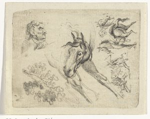 Study Sheet with Horses, a Man, and a Branch by Johan Bernard Scheffer