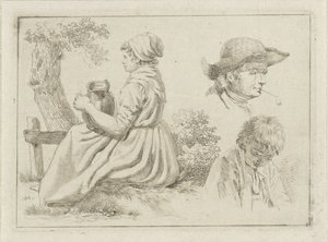 Seated Woman with Pitcher, Portrait of a Man with Pipe and a Boy by Johan Christiaan Willem Safft