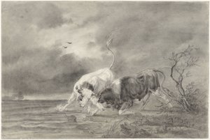 Two Fighting Bulls in a River Landscape by Johan Daniël Koelman