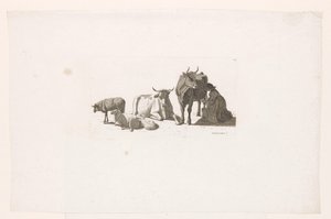 Woman Milking a Cow, with Cattle and Sheep by Johan Jakob Biedermann
