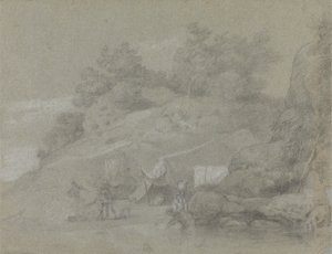 A River by a Rocky Bank with Figures, Possibly in India by Johan Joseph Zoffany