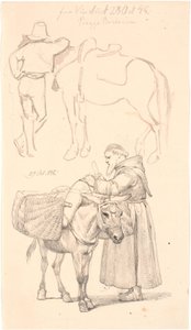 Campagnol Standing by His Horse. Below a Beggar Monk Standing by His Donkey by Johan Thomas Lundbye