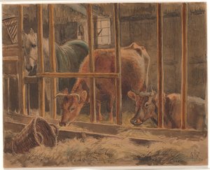 The Interior of a Stable with a White Horse and Two Cows by Johan Thomas Lundbye