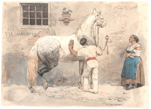 A Gray Horse Being Groomed in Via Margutta