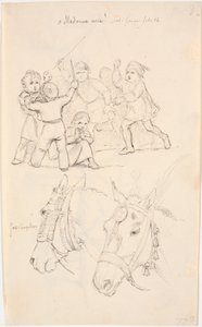 A Little Girl in the Midst of a Group of Fighting Boys, Below Two Horse Heads by Johan Thomas Lundbye